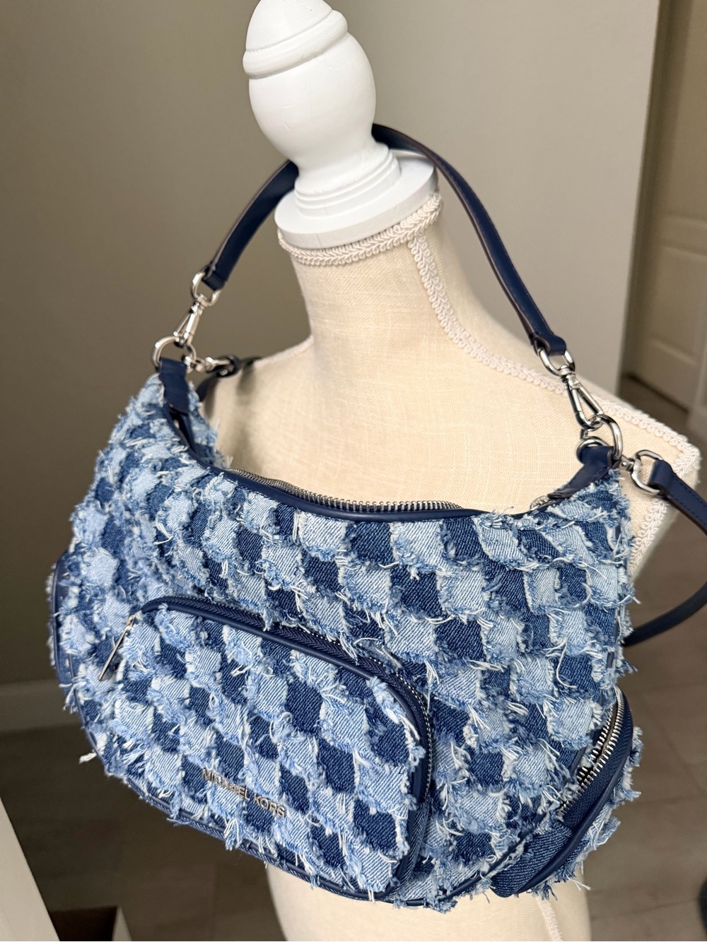 Michael Kors Frayed Denim Patchwork Shoulder Bag in Blue - Picture 14 of 16
